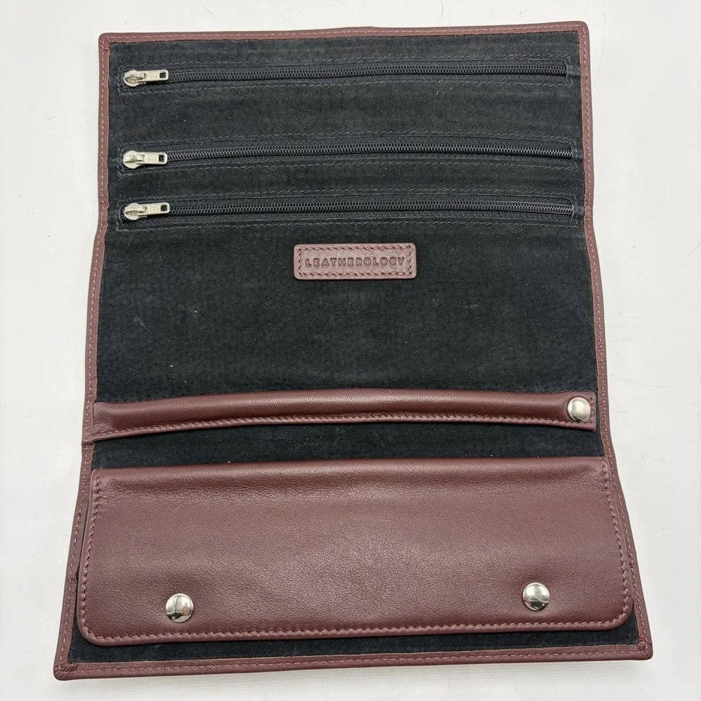 Leatherology Travel Jewelry Roll Tan Leather Burgundy 8.5